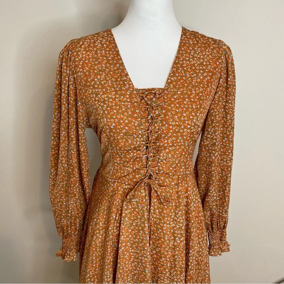 NWT floral brown orange front tie up detail long sleeve midi dress Cotta… - Picture 4 of 10
